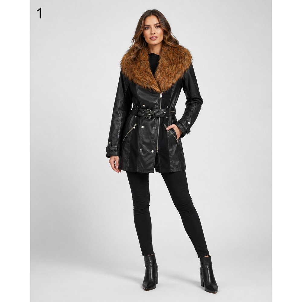 River Island Moto Jacket Womens 6 Black Faux‎ Leather Faux Fur Trim Belt Pockets
